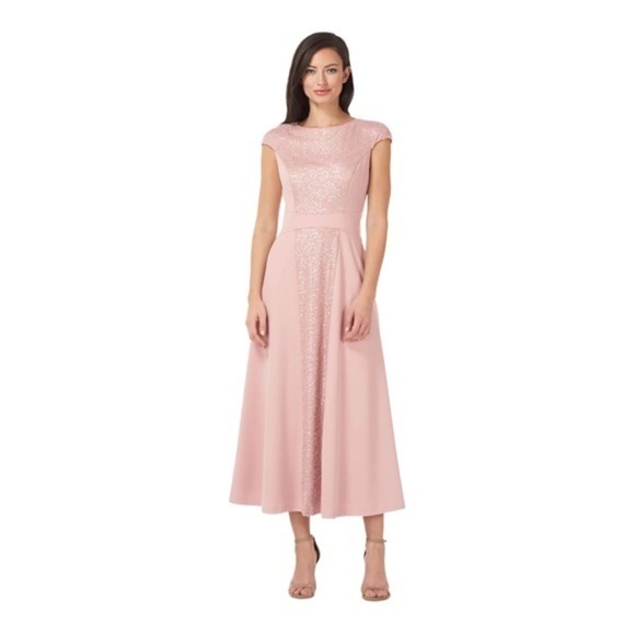 JS Collection Sequin & Crepe Midi Flare Dress in Blush Pink - Picture 1 of 10